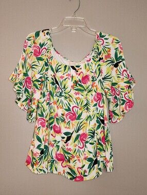 Hailey Lyn Floral Flamingo Scoop Neck Women's Top Size Medium Petite